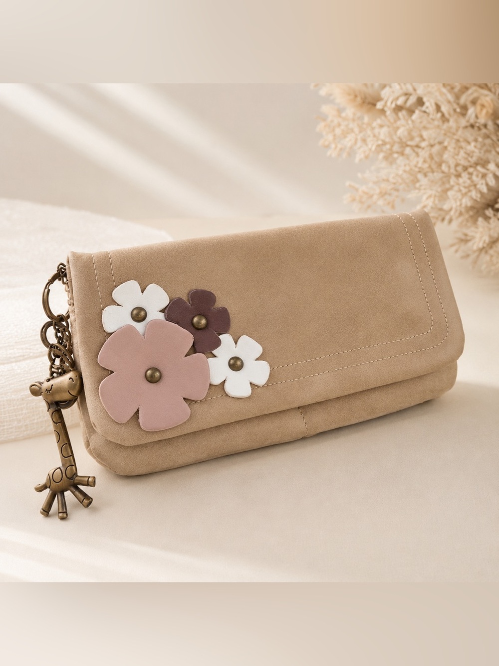 Tan Suede Crossbody Bag with Flower Accents